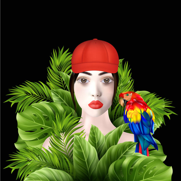 Realistisch portret van vrouwelijke ontdekkingsreiziger of reiziger met papegaai tussen tropische bladeren. 3D illustratie geïsoleerd op zwarte achtergrond. - Foto, afbeelding