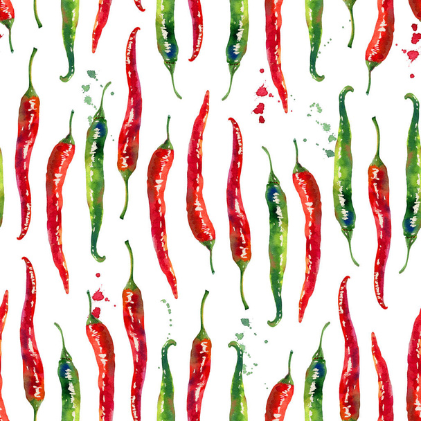 Rojo y verde picante pimientos acuarela patrón sin costura aislado sobre fondo blanco. - Foto, imagen