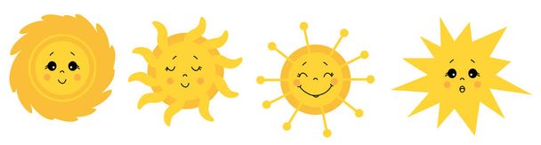 Şirin Güneş. Vektör simgesi ayarlandı. Farklı yüzlere ve duygulara sahip güneşin çizimleri. Kapalı ve açık gözler. Vektör  - Vektör, Görsel