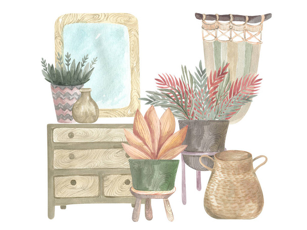 Casa aquarela vasos elementos de plantas, cena boêmia moderna, vegetação interior. Boho Cozy cena design
 - Foto, Imagem