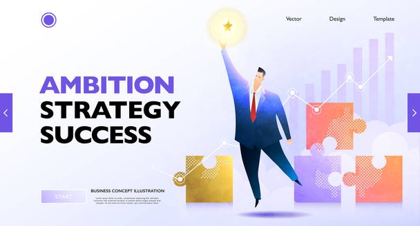 Ambition concept banner. Businessman to reach out for the star. Business vector illustration. - Vector, Image
