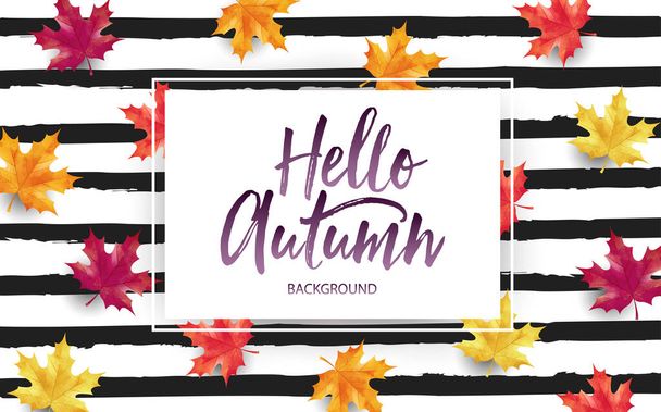 Autumn sale marketing design layout. Hello autumn banner concept. Maple theme design on stripe black and white background. Vector illustration template. - Vector, Image