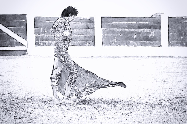 Bleistift auf weißer Leinwand eines französischen Stierkämpfers während eines Stierkampfs in der Stierkampfarena von Villacarrillo - Foto, Bild