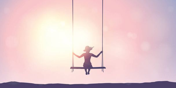 girl on a swing sunny summer sky background - Vector, Image