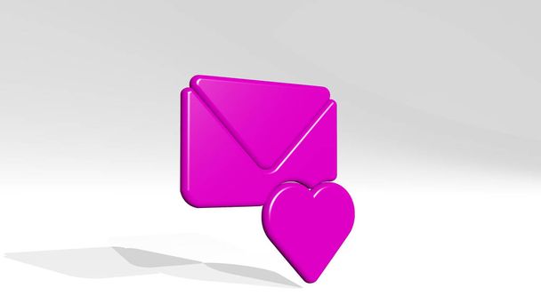 e-mail akcji serca wykonane przez 3D ilustracji błyszczącej rzeźby metalicznej z cieniem na jasnym tle. biznes i ikona - Zdjęcie, obraz