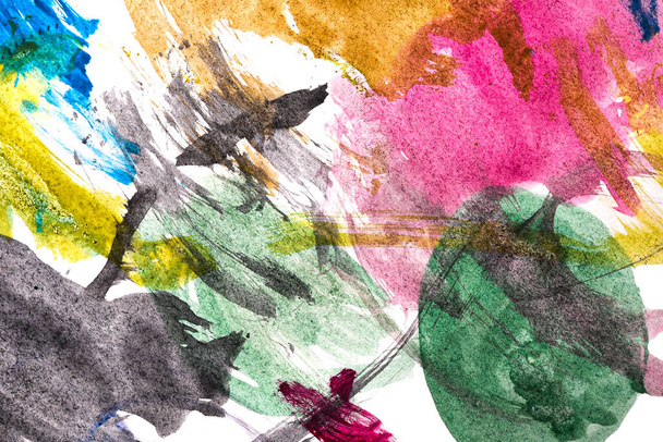 Abstract texture of multi-colored gouache. Closeup of paint strokes on a white paper. - 写真・画像