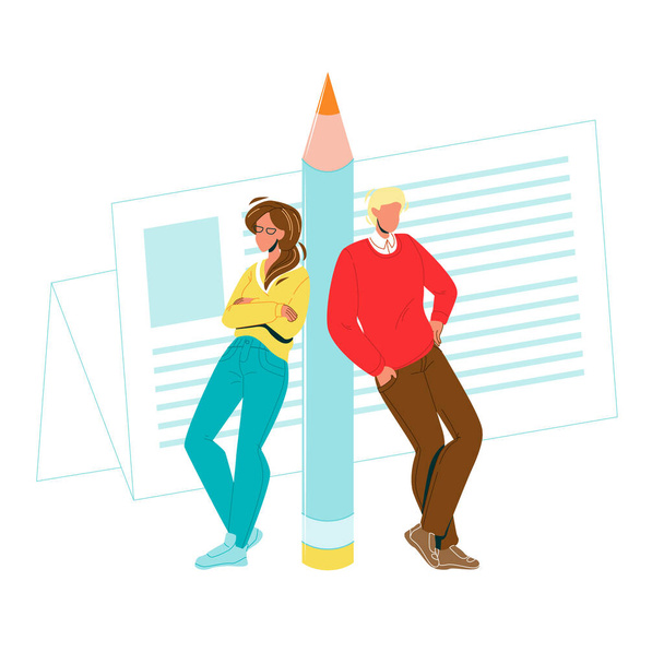 Копирайтеры Мужчина и женщина опираются на карандашный вектор - Вектор,изображение