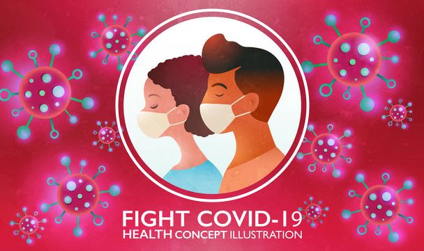 Combatti Covid-19 concetto di illustrazione. Uomo e donna indossano maschere facciali che si proteggono dal virus. Modello banner di progettazione vettoriale. - Vettoriali, immagini