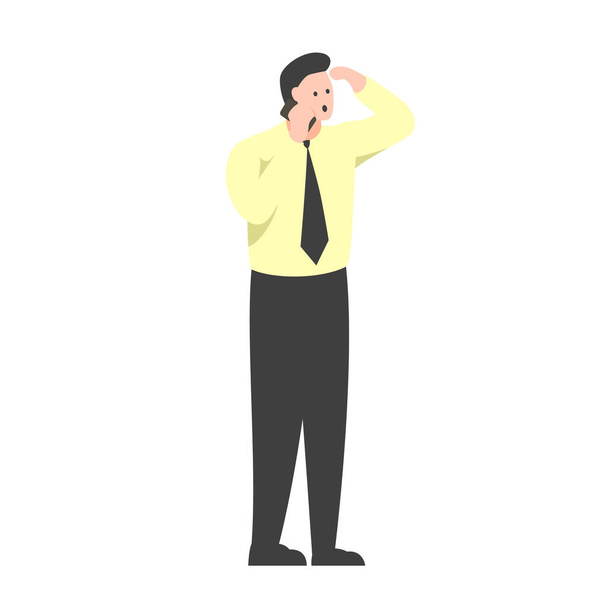 Illustrazione vettoriale di un impiegato in piedi e che parla al telefono. Uomo in camicia gialla e cravatta parlare al telefono con faccia sorpresa e mano vicino alla testa. Uomo che riceve notizie inaspettate - Vettoriali, immagini