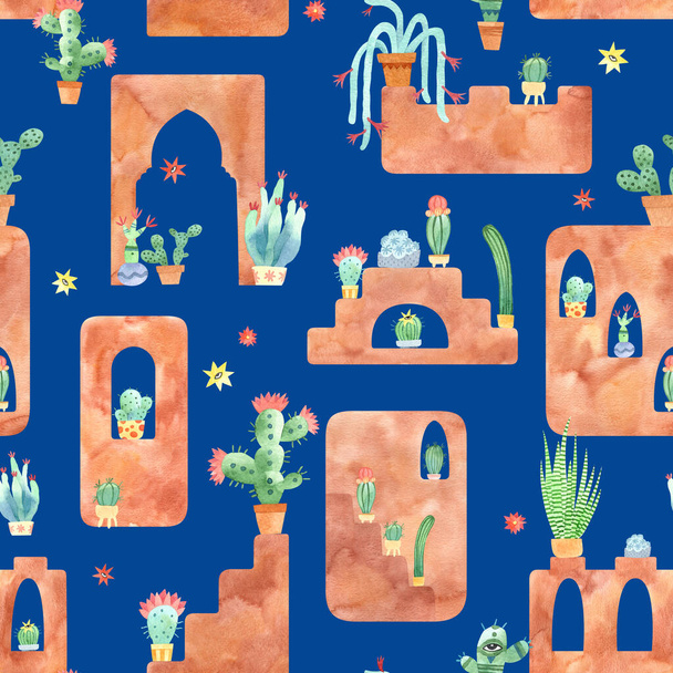 Acuarela cactus ciudad patrón sin costuras en azul. Fondo del desierto. Ilustración de estilo español o marroquí. Perfecto para la tela, embalaje, decoración
. - Foto, imagen