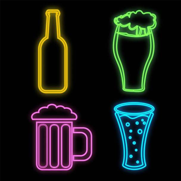 Joukko valoisa monivärinen neon merkkejä kahvila baari ravintola kaunis kiiltävä olutpulloja ja mukeja mustalla taustalla. Vektoriesimerkki - Vektori, kuva