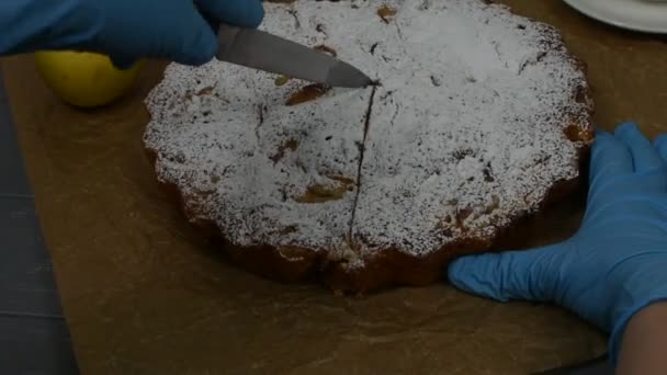 Vrouwelijke handen in blauwe handschoenen snijden een appeltaart in stukken. - Video