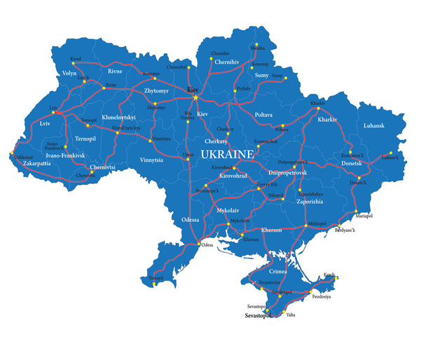 Ukrajna nagyon részletes vektortérkép közigazgatási régiókkal, főbb városokkal és utakkal. - Vektor, kép