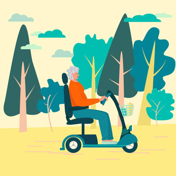 独立した高齢者の女性は、 50歳で電動スクーターに乗ります。強い女性の姿、灰色の巻き毛、笑顔。森の中、公園で休憩。座席付きスクーター。高齢者のスポーツライフスタイル - ベクター画像