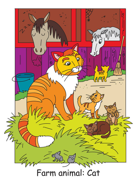 Kolorowanki ze słodkim kotem i małymi kociakami na farmie. Ilustracja wektora kreskówki. Ilustracja zapasów do projektowania, edukacji przedszkolnej, druku i gry.  - Wektor, obraz