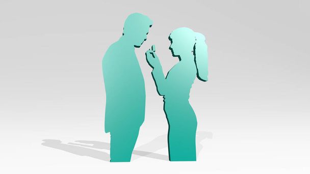 GIRL PROPOSITION DE BOY se tenir debout avec l'ombre. Illustration 3D de sculpture métallique sur fond blanc avec une texture douce. belle et femme - Photo, image