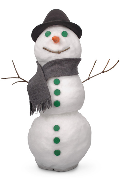 Белый снеговик с шарфом и войлочной шляпой. (Вырезка пути
) - Фото, изображение