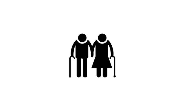 Old couple holding hands with walking sticks black flat icon isolated on white background - Vector, Image