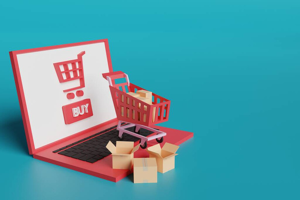 Maquiar Notebook com carrinho de compras e entrega de muitas caixas de compras on-line
 - Foto, Imagem