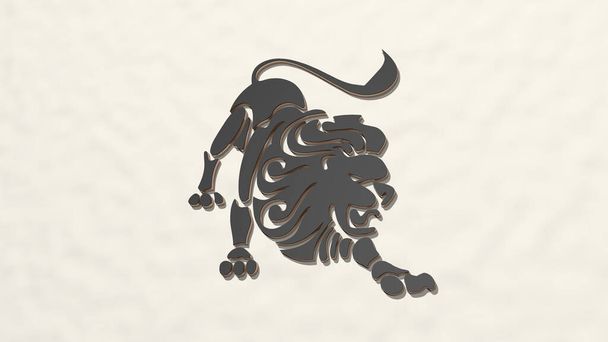 Leijona näkökulmasta seinällä. Paksu veistos metallimateriaaleista 3D renderöinti. kuva ja eläin - Valokuva, kuva