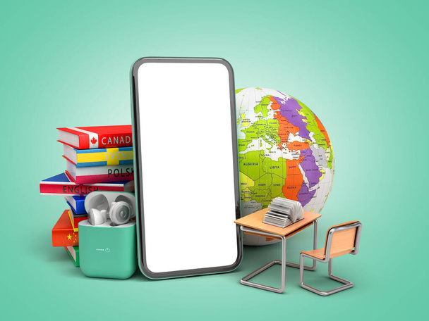 self learning concept Presentation of the application for learning foreign languages smartphone with blank screen headphones and books 3d render on a green gradient - Fotoğraf, Görsel