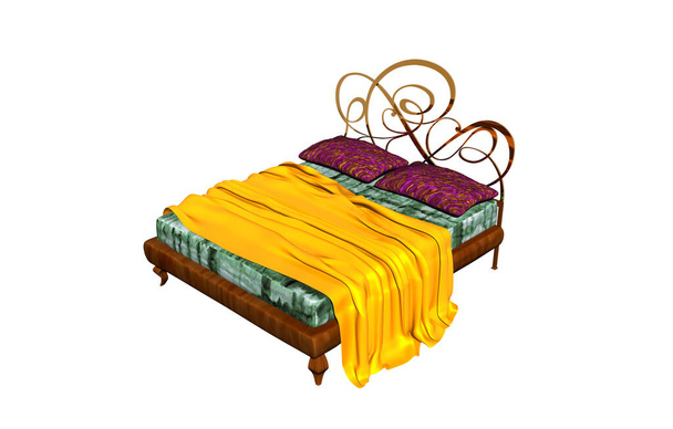 breed tweepersoonsbed met metalen frame en geel beddengoed - Foto, afbeelding