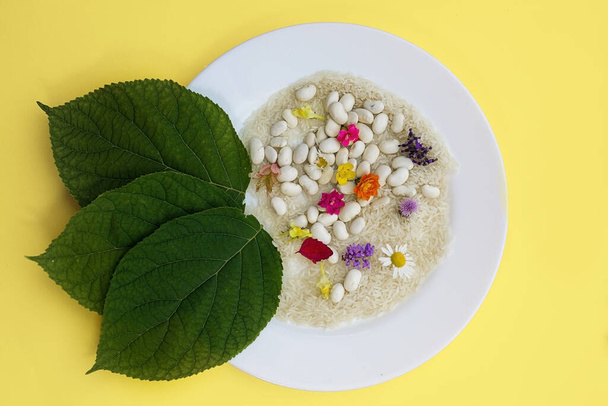Sarı arka planda beyaz tabakta vejetaryen yemeği. Kavramsal fotoğraf. Pirinç çiçeği ve fasulye. Sağlıklı bir yaşam tarzı. Yaşam tarzı. vegan - Fotoğraf, Görsel
