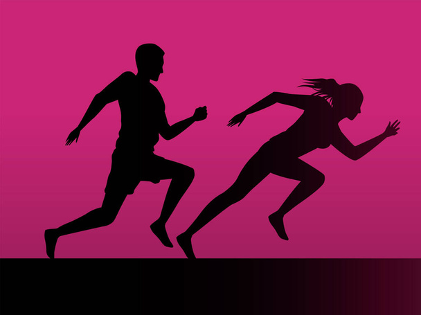 silhouettes of athletics couple running - Vector, Image
