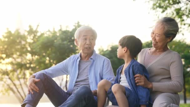 feliz senior asiático pareja sentado en hierba tener divertido con nieto al aire libre en parque
 - Imágenes, Vídeo