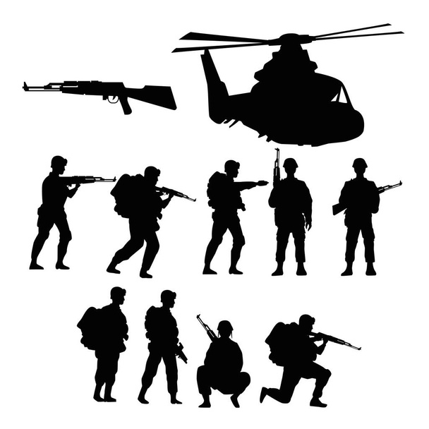 Silahlı askeri askerler ve helikopter siluetleri - Vektör, Görsel
