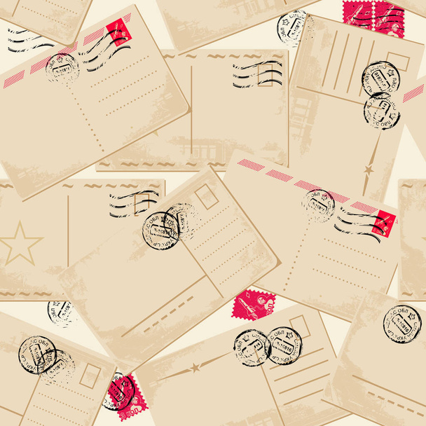 vintage background with old papers, envelopes and stamps, vector illustration - Vector, imagen