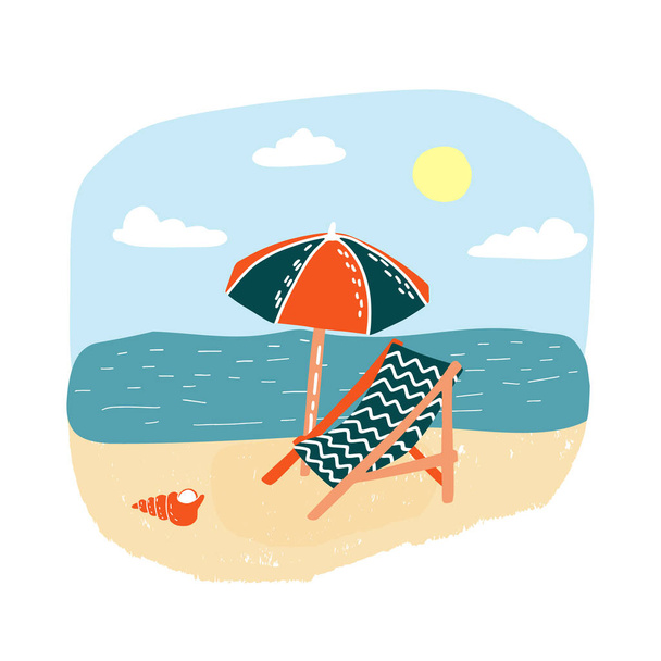 砂浜とサンシェード付きのサンベッド付きの夏の海の風景。人のいない休暇｜バナーデザイン. - ベクター画像