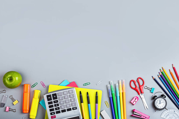 Back to School background with place for text. Collection of school supplies in a bright flat style. Educational concept. Copy space, mockup, template - Φωτογραφία, εικόνα
