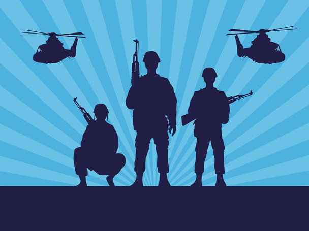 military soldiers with guns and helicopters silhouettes in blue background - Vector, Image