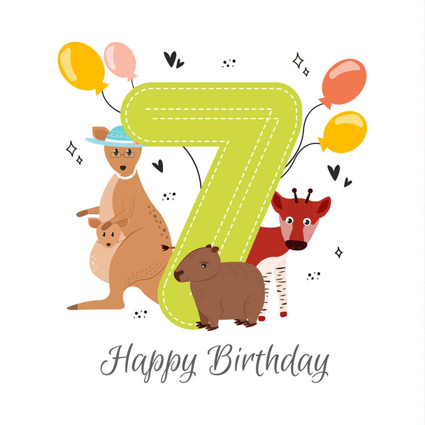 Vector Illustration Happy Birthday-Karte mit der Nummer sieben, Känguru-Tiere in einem Hut mit einem Baby-Känguru, Wasserschwein, Okapi, Luftballons, Herzen, Sternchen. Glückwunschkarte zum Geburtstag. - Vektor, Bild