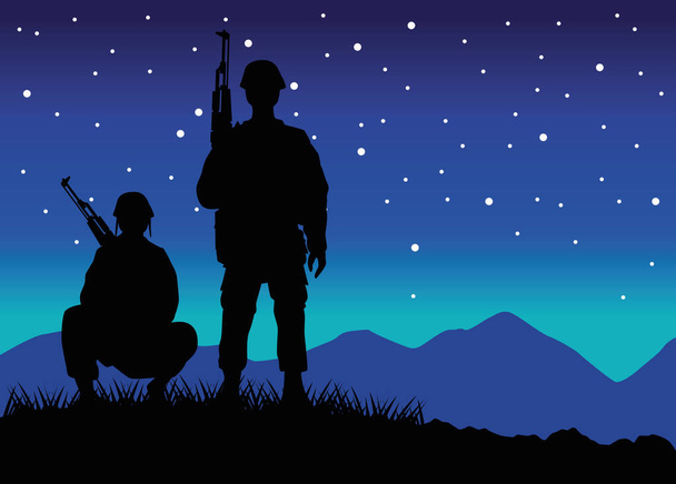 soldats militaires avec des silhouettes de fusils figure sur la scène de nuit - Vecteur, image