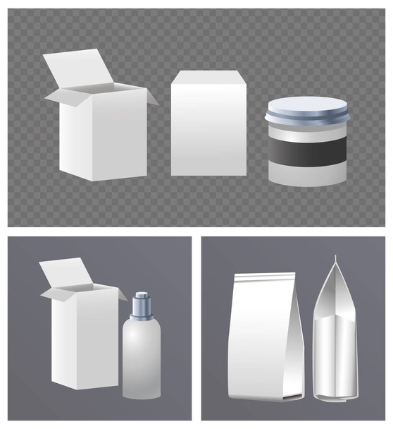 produtos pote e caixas marcando ícones isolados
 - Vetor, Imagem