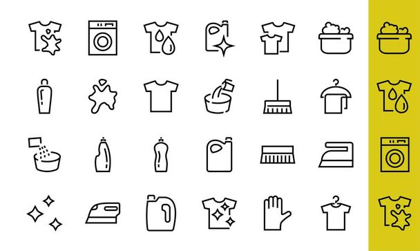 Einfaches Set waschbezogener Vektorzeilen-Symbole. Enthält Symbole wie Waschmaschine, Puder, Wäsche, schmutzige T-Shirts und vieles mehr. Auf weißem Hintergrund, editierbarer Strich. 48x48 Pixel perfekt - Vektor, Bild