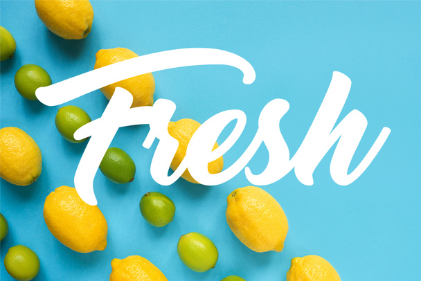 plat gelegd met rijpe gele citroenen, groene limoenen op blauwe achtergrond, frisse illustratie - Foto, afbeelding