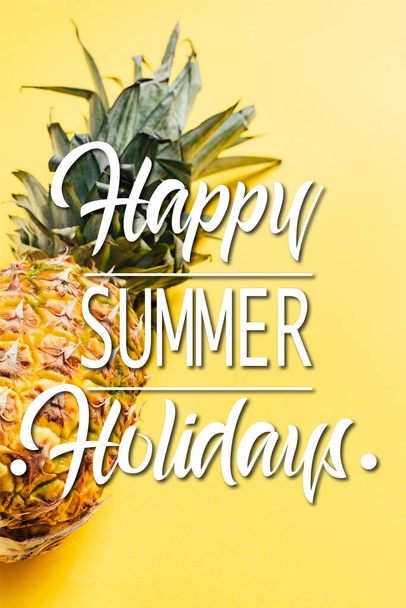 fresh ripe pineapple on yellow background with happy summer holidays illustration - Photo, Image