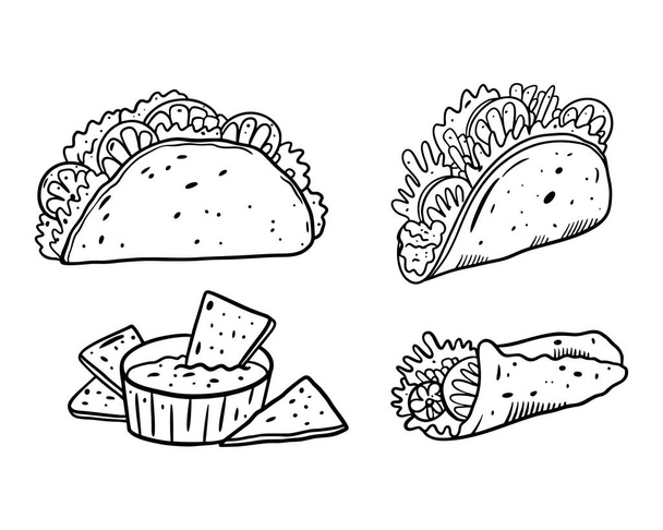 Conjunto de comida mexicana. Ilustración vectorial de contorno de color negro. Aislado sobre fondo blanco. Diseño de póster, banner, menú, cafetería y web
. - Vector, imagen