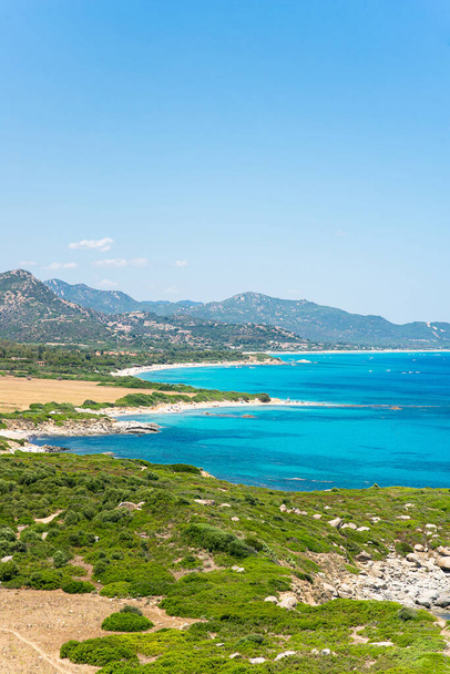 Mediterranean Sea and Coast of Italian Island Sardinia. Panoramic Landscape. Summer Concept. View from Mountain Monte Turno on Costa Rei Beaches. Italy. - Foto, imagen