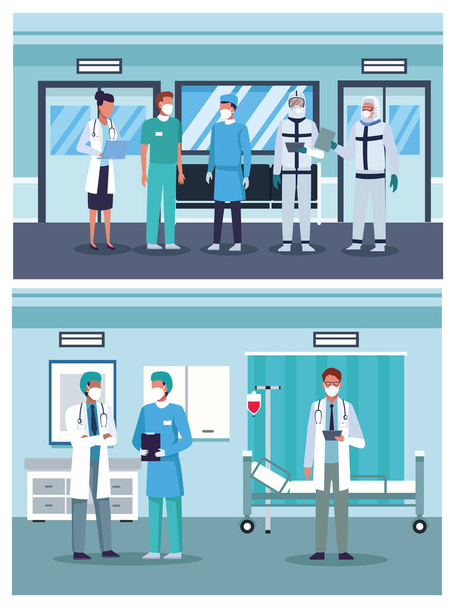 group of doctors staff wearing medical mask in the hospital places - Vector, Image