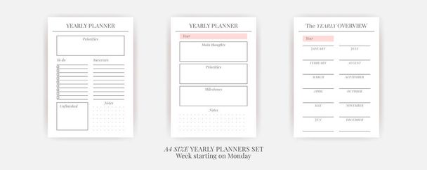 用紙サイズA4ベクトルプランナーテンプレートセット.空の縦ノートブックページ。ビジネス主催者カレンダー毎日、毎週、毎月、毎年、習慣トラッカー、プロジェクト、メモ、目標。週は月曜日から始まる - ベクター画像
