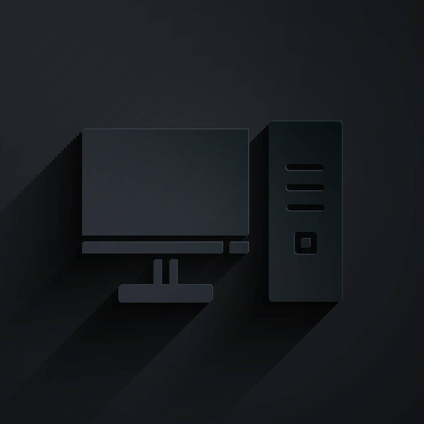Papierschnitt Computerbildschirm-Symbol isoliert auf schwarzem Hintergrund. PC-Komponenten-Zeichen. Papierkunst. Vektorillustration. - Vektor, Bild