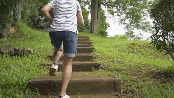 Азійська жінка в повсякденному одязі біжить по старих бетонних сходах і цілиться на вершину пагорба вранці. Жіночий турист глибоко вдихне повітря і піднімає руки в повітря, спостерігаючи приголомшливий краєвид у долині.. - Кадри, відео