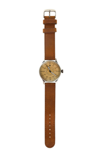 Analog wrist watch with brown dial and leather bracelet - Fotoğraf, Görsel
