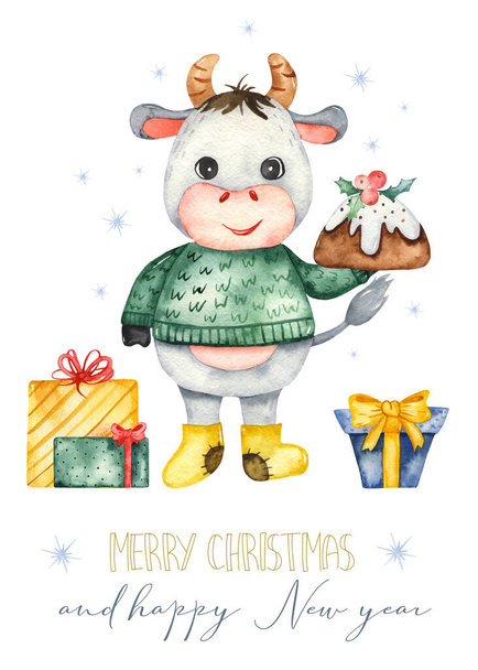 Bonito touro com presentes e bolo de Natal. Cartão de Natal aquarela com o símbolo de 2021
.  - Foto, Imagem