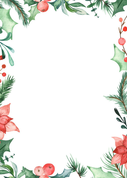 Ялинові гілки, сосна, Холлі, квіти, листя, ягоди. Акварель Різдвяна прямокутна рамка
 - Фото, зображення