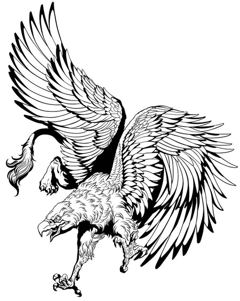 Fliegende Gänse, Gänse oder Greifvögel. Ein Fabeltier mit dem Körper eines Löwen und den Flügeln und dem Kopf eines Adlers. Schwarz-weiße Vektorillustration - Vektor, Bild